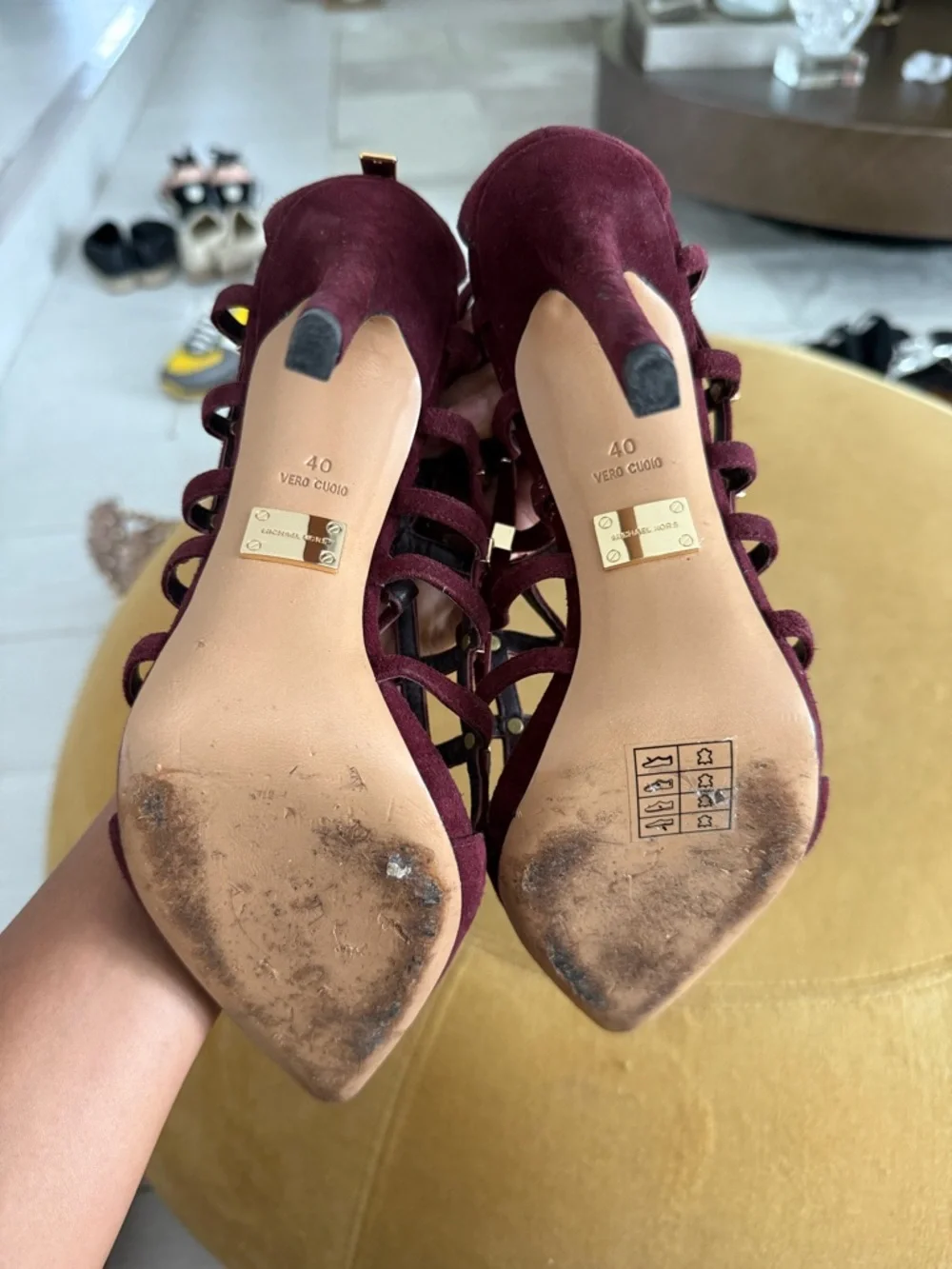 Michael Kors Burgundy Suede Cage Pointed-Toe Heels with Gold Accents - Picture 4 of 7